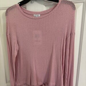 Aesthetic Pastel Pink Waffle Knit Pullover Love Fire Tie Front Top, Cozy Chic XS
